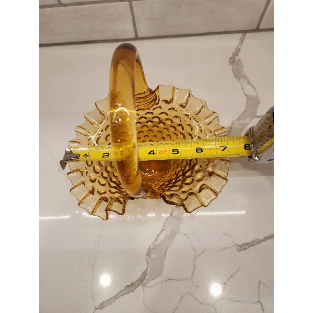 Fenton Vintage Amber Hobnail Glass Basket Ruffled Crimped Edges